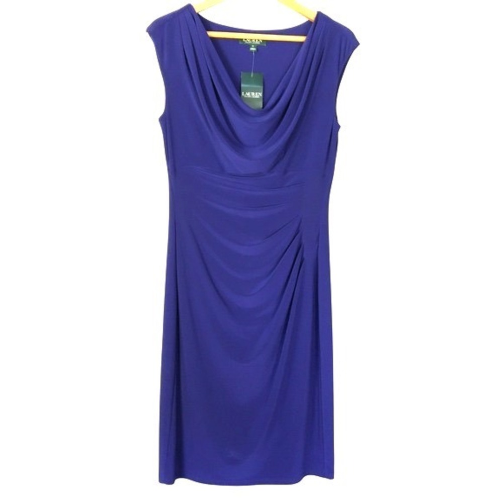 Lauren Ralph Lauren Royal Blue Jersey Knit Cowl Neck Sheath‎ Dress Size 10 NWT
